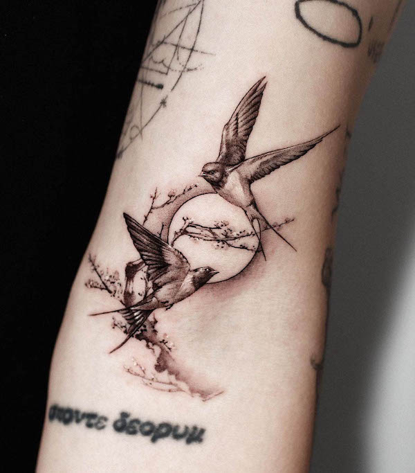 Cherry blossom and swallow by @jinkblack_tattoo