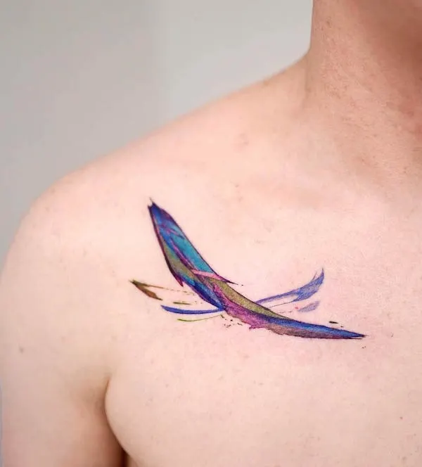 Watercolor feather tattoo by @9room_tattoo