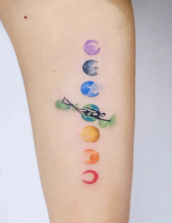 Plane and planets tattoo by @ching_artist