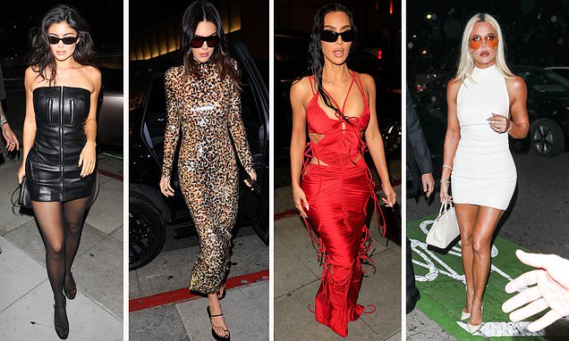 Kim Kardashian is RAVISHING in a sexy red cutout dress as she parties it up  with Khloe, Kendall, Kylie and mom Kris at her epic 43rd birthday bash in Beverly  Hills |