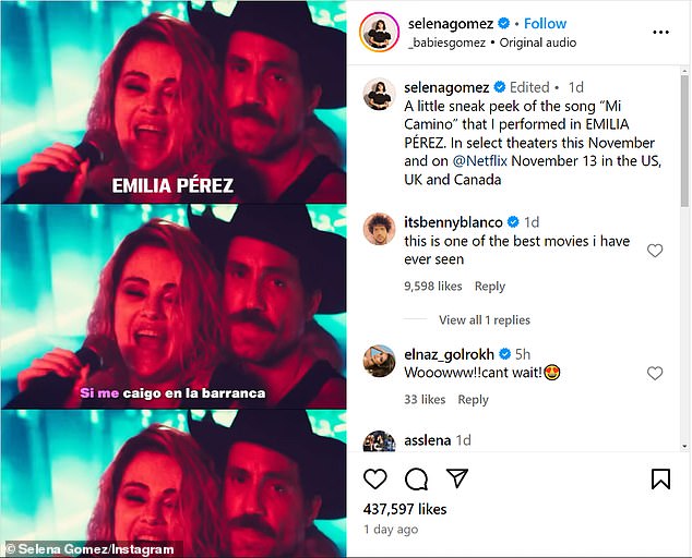 The 36-year-old music producer - who began dating Selena in June 2023 - gushed in her Instagram comments: 'This is one of the best movies I have ever seen!'