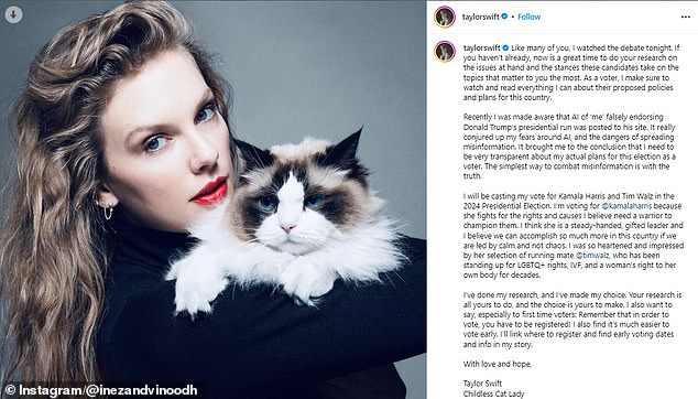 The popstar made the announcement on Instagram following last night's debate and signed off her endorsement 'Taylor Swift, Childless Cat Lady' in a dig at J.D Vance