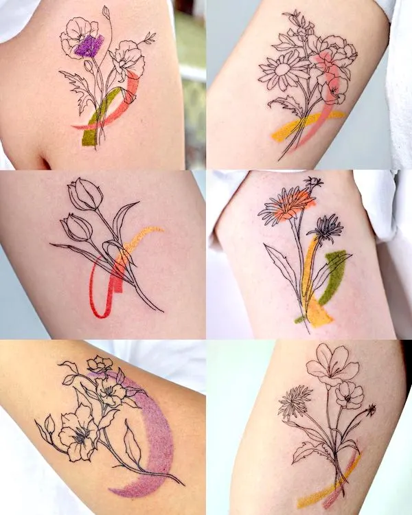 Minimalist color flower tattoo by @tattoo_joojoo