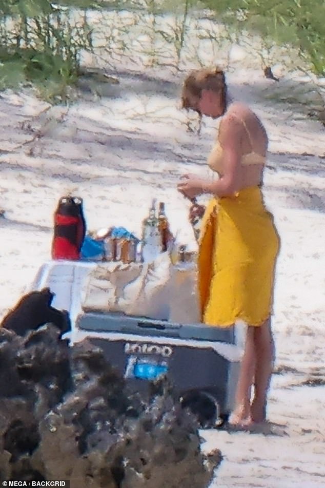 The couple lounged on the beach with each moving occasionally to fix cocktails from a makeshift bar that boasted bottles of liquor and was set up for them in the sand alongside a cooler full of sodas, mixers and beers