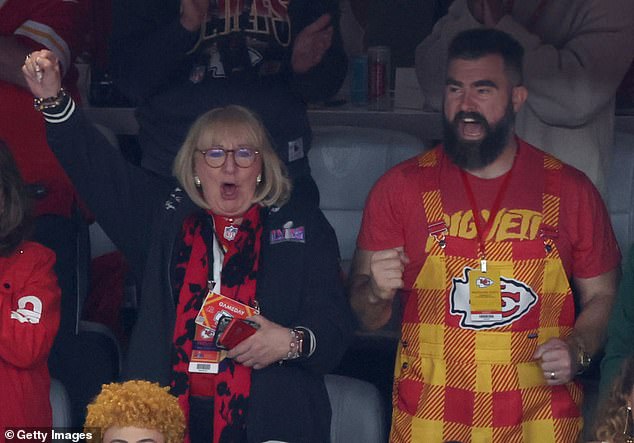 Donna Kelce and son Jason Kelce cheer on the Kansas City Chiefs during Super Bowl LVIII