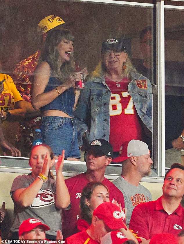 Recording artist Taylor Swift and Donna Kelce watch the action during the second half between the Baltimore Ravens and the Kansas City Chiefs