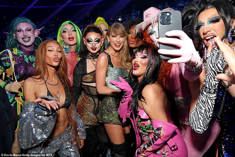 Taylor Swift larked around with Drag Race stars as she led the celebrities enjoying raucous moments backstage at the 2024 MTV Video Music Awards in NYC on Wednesday